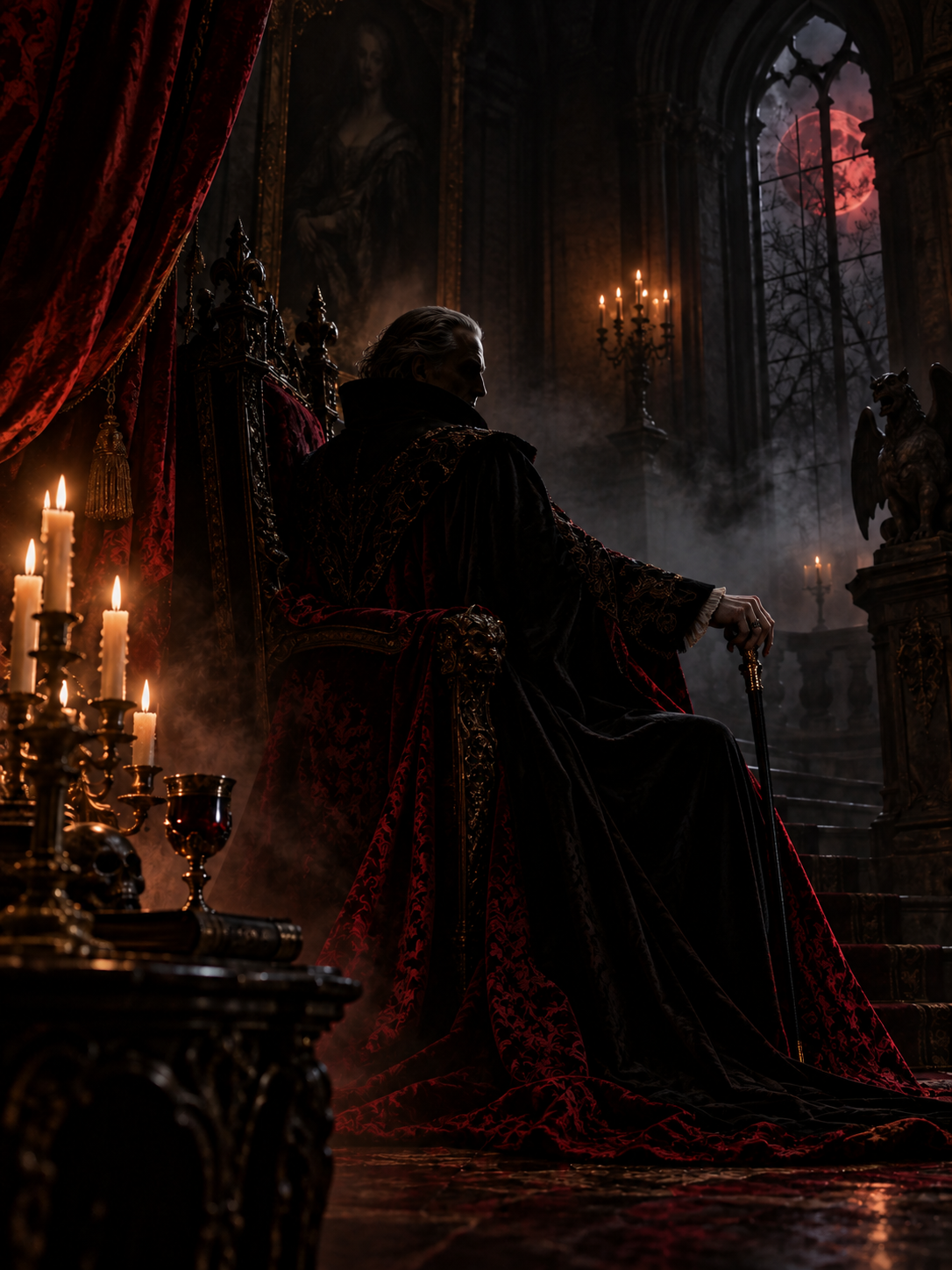 A mysterious gothic count standing in a candlelit manor