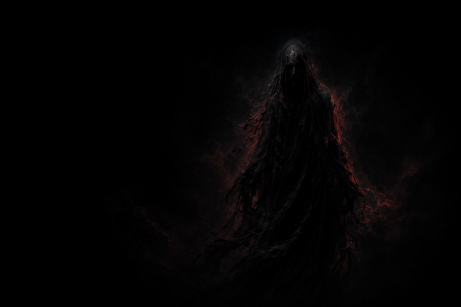 A terrifying gothic apparition emerging from near-total darkness