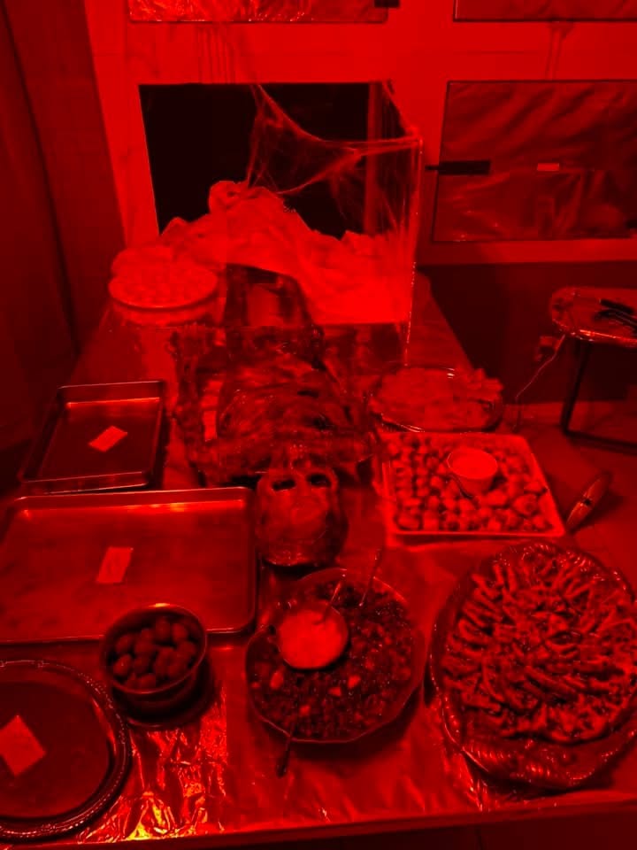 A red-lit buffet spread arranged like an unsettling operating table at the 2020 Halloween party