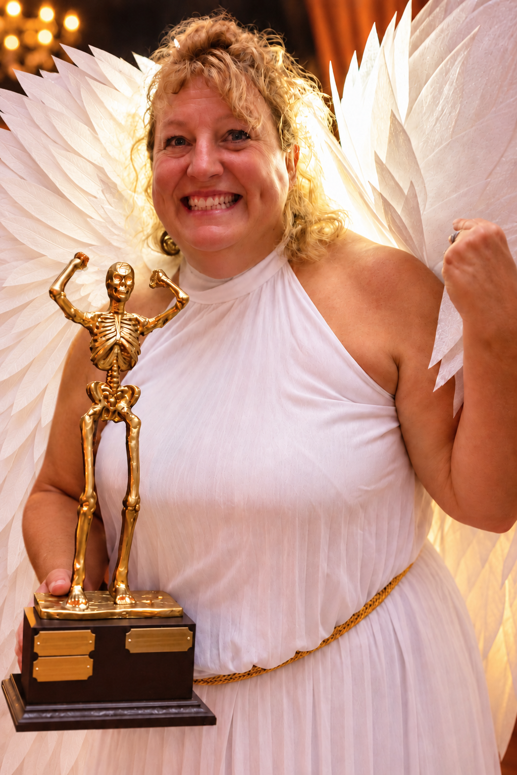 Aimee G. as Archangel Jophiel holding The Skelly after winning in 2023