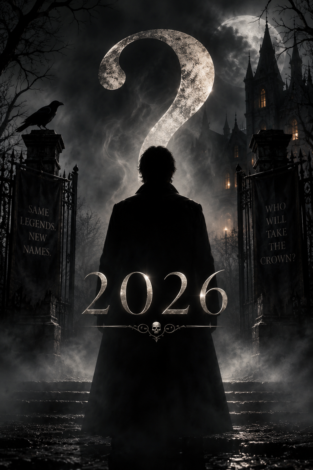 A shadowy mystery figure beneath a question mark, awaiting The Skelly in 2026